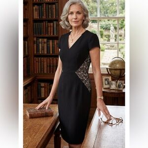 Tahari Arthur S. Levine Black Sheath Dress 16 Lace Illusion Back & Side Panels